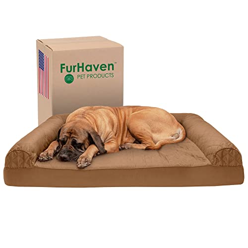 Furhaven Kühlendes Gel-Hundebett für große Hunde mit abnehmbaren Nackenrollen und waschbarem Bezug, für Hunde bis zu 56,7 kg – gestepptes Sofa – Toasted Brown, Jumbo Plus/XXL von Furhaven