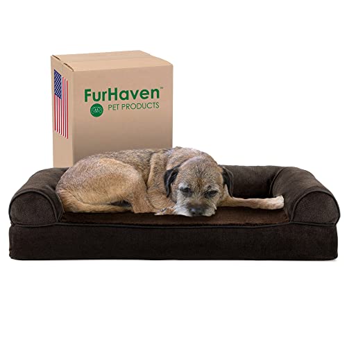 Furhaven Kühlendes Gel-Hundebett für mittelgroße und kleine Hunde mit abnehmbaren Nackenrollen und waschbarem Bezug, für Hunde bis zu 15,9 kg – Sherpa & Chenille Sofa – Kaffee, Größe M von Furhaven