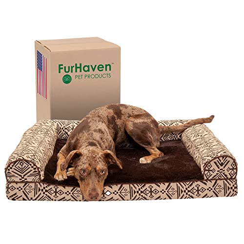 Furhaven Large Memory Foam Dog Bed Plush & Southwest Kilim Decor Sofa-Style w/Removable Washable Cover - Desert Brown, Large von Furhaven