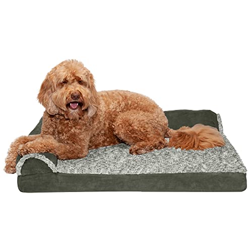 Furhaven Large Orthopedic Dog Bed Two-Tone Faux Fur & Suede L Shaped Chaise w/Removable Washable Cover - Dark Sage, Large von Furhaven