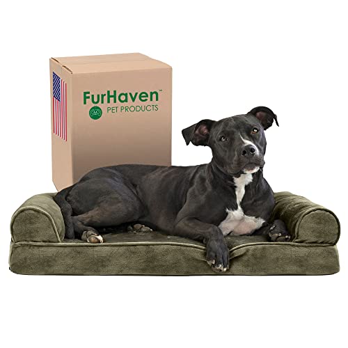 Furhaven Medium Memory Foam Dog Bed Faux Fur & Velvet Sofa-Style w/Removable Washable Cover - Dark Sage, Medium von Furhaven