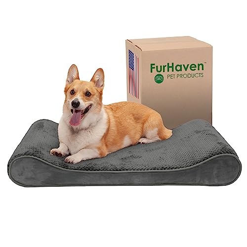 Furhaven Minky Hundebett, Memory-Schaumstoff, Plüsch und Samt, mit abnehmbarem, waschbarem Bezug, Grau, Größe L von Furhaven