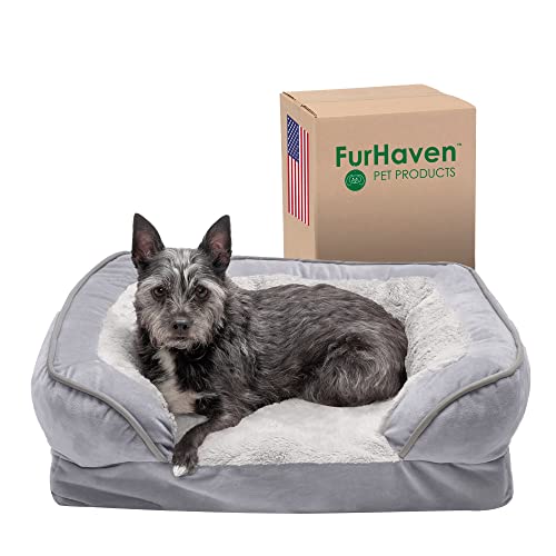 Furhaven Kleines orthopädisches Hundebett, Perfekter Komfort, Plüsch und Samt, Wellen, Sofa-Stil mit abnehmbarem, waschbarem Bezug, Granitgrau, Größe S von Furhaven