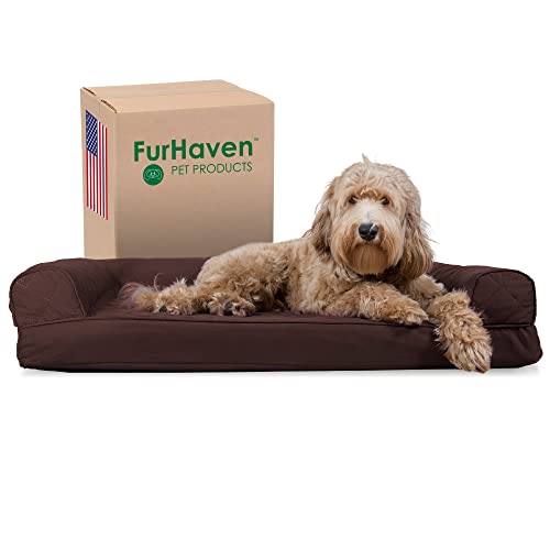 Furhaven Kühlendes Gel-Hundebett für große und mittelgroße Hunde mit abnehmbaren Nackenrollen und waschbarem Bezug, für Hunde bis zu 25 kg – gestepptes Sofa – Kaffee, Größe L von Furhaven