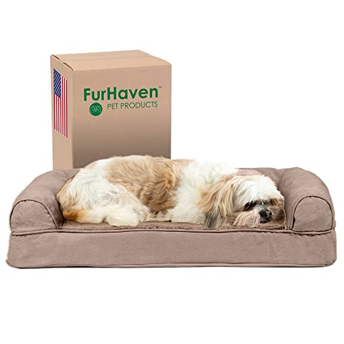 Furhaven Kühlendes Gel-Hundebett für mittelgroße und kleine Hunde mit abnehmbaren Nackenrollen und waschbarem Bezug, für Hunde bis zu 15,9 kg, Plüsch- und Wildleder-Sofa, Mandelfarben, Größe M von Furhaven