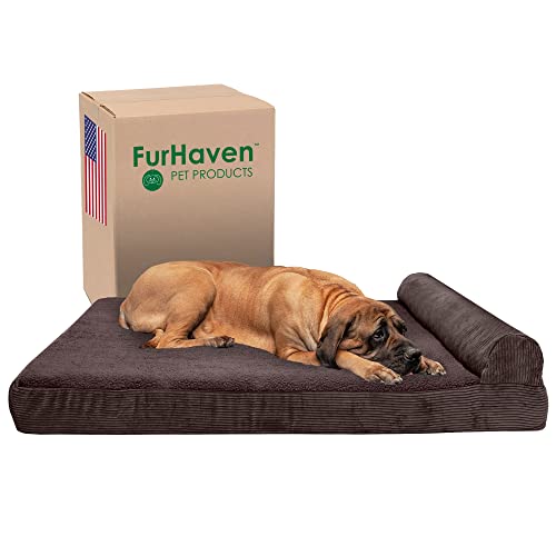 Furhaven Orthopädisches Hundebett für große Hunde mit abnehmbarer Nackenrolle und waschbarem Bezug, für Hunde bis zu 56,7 kg – Fleece und Cord Nackenrolle Chaiselongue – dunkles Taupe (Dark Espresso), von Furhaven