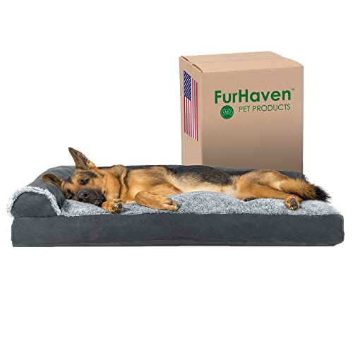 Furhaven XL-Kissen-Hundebett, zweifarbig, Kunstfell und Wildleder, L-förmige Chaisel, mit abnehmbarem, waschbarem Bezug, Steingrau, Jumbo (Größe XL) von Furhaven