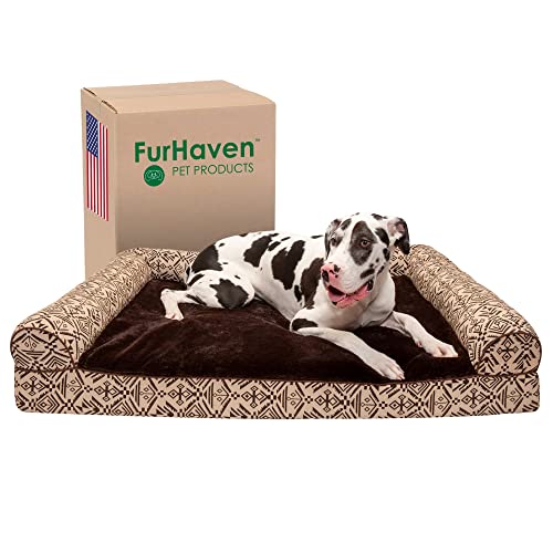 Furhaven XXL kühlendes Gel-Schaumstoff-Hundebett, Plüsch und Südwest-Kelim-Dekor, Sofa-Stil mit abnehmbarem, waschbarem Bezug, Desert Brown, Jumbo-Plüsch (XXL) von Furhaven