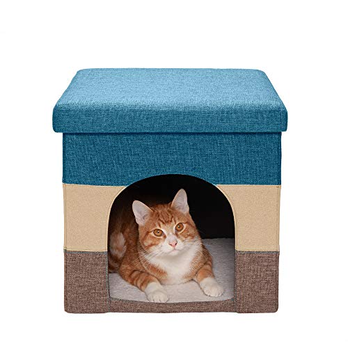 Furhaven Small Pet House Collapsible Ottoman-Footstool Condo Pet Bed - Beach House Stripe (Brown/Blue), Small von Furhaven