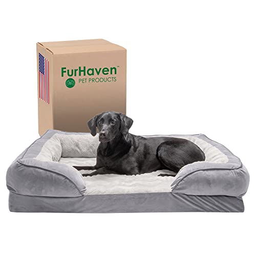 Furhaven XL Orthopedic Dog Bed Perfect Comfort Plush & Velvet Waves Sofa-Style w/Removable Washable Cover - Granite Gray, Jumbo (X-Large) von Furhaven