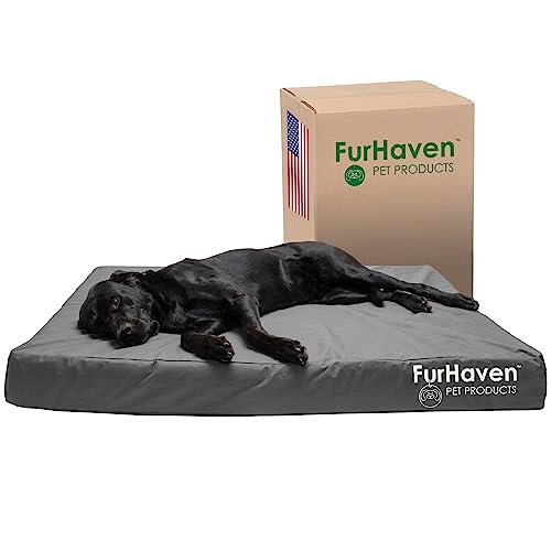 Furhaven Wasserabweisendes, orthopädisches Hundebett für große Hunde mit abnehmbarem waschbarem Bezug, für Hunde bis zu 56,7 kg – Indoor/Outdoor Logo-Druck Oxford Polycanvas Matratze – Steingrau, von Furhaven