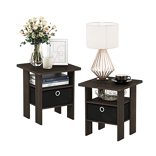 Furinno Andrey Beistelltisch Nachttisch mit Schublade, Dunkelbraun/Schwarz, 2er-Set von Furinno