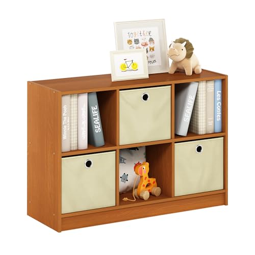 Furinno Basic Bücherregal mit 6 Fächern und 3 Einschüben, eiche, Helle Kirsche/Elfenbein, 30.23 x 80.26 x 59.94 cm von Furinno