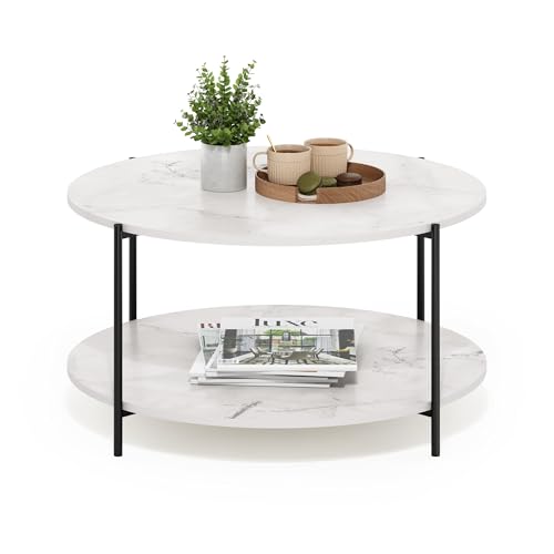 Furinno Besi 2-stufiger moderner runder Couchtisch mit stabilen Metallbeinen, Marmor Weiß/Schwarz von Furinno