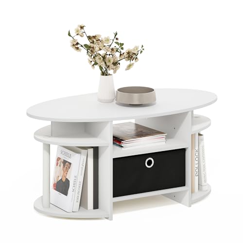Furinno Jaya Ovaler Couchtisch mit schlichtem Design und Abfalleimer, Weiß/Weiß/Schwarz von Furinno