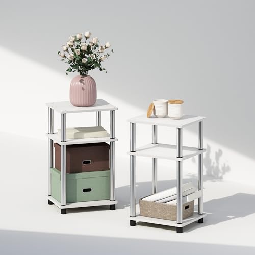Furinno Just 3-stufiger Turn-N-Tube-Nachttisch mit offenem Stauraum, 2er-Pack, Weiße Eiche/Edelstahl von Furinno