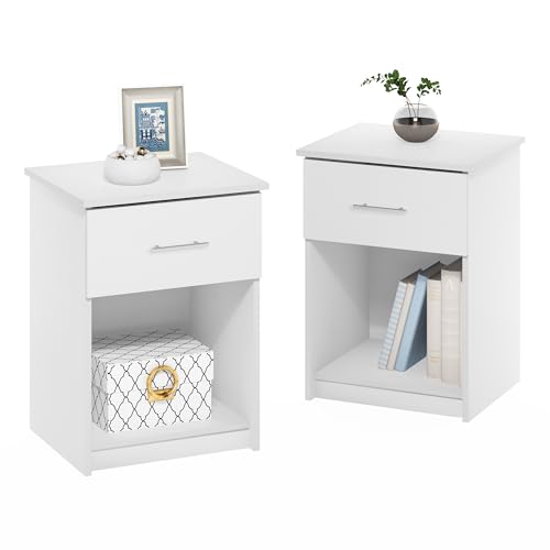 Furinno Tidur Nachttisch mit Griff und Einer Schublade, Massiv weiß, 2er Set von Furinno