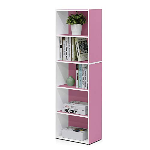 Furinno offenes Bücherregal mit 5 Fächerm, Holz, Weiß/Rosa, 40.1 x 23.98 x 132.1 cm von Furinno