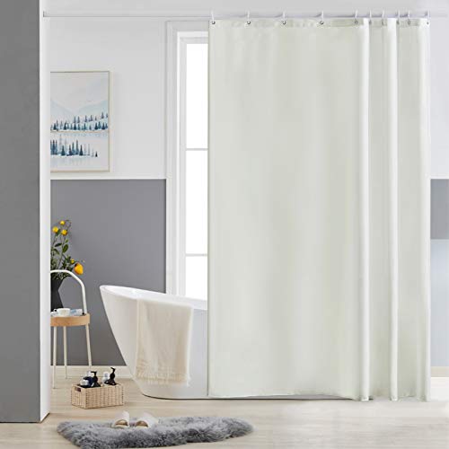 Furlinic Duschvorhang 150x180cm Antischimmel Waschbar Schmal Bad Vorhang Textil aus Polyester Stoff Wasserdischt für Eck Badewanne Beige mit 10 Duschvorhangringen. von Furlinic