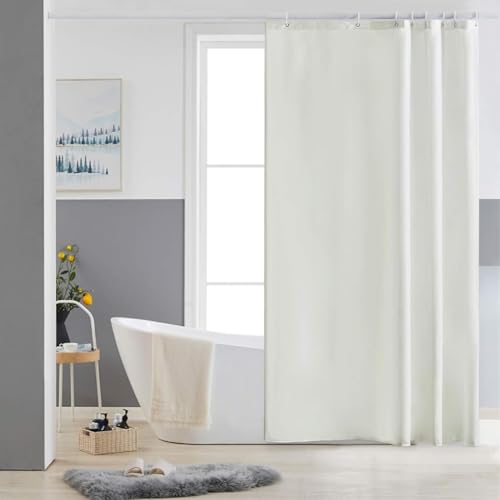 Furlinic Duschvorhang 150x200cm Antischimmel Waschbar Schmal Bad Vorhang Textil aus Polyester Stoff Wasserdischt für Eck Badewanne Beige mit 10 Duschvorhangringen. von Furlinic