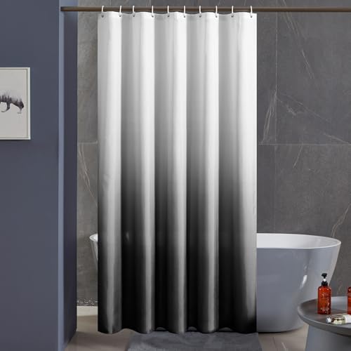 Furlinic Duschvorhang Badvorhang Textil aus Polyester Stoff Schimmelresistent Wasserdicht Waschbar für Dusche Badewanne 150x200 Weiß nach Schwarz mit 10 Duschvorhangringen. von Furlinic