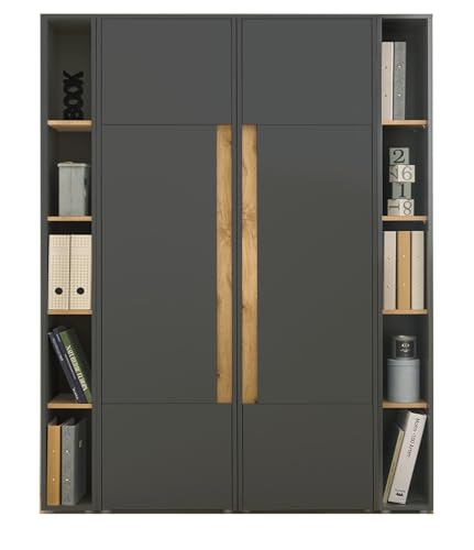 Aktenschrank Set in grau matt und Wotan Eiche 2X Stauraumschrank und 2X Regal für Homeoffice Büroschrank Hochschrank Ordnerschrank XXL modern 140 x 200 cm Center (Set 4) von Furn.Design