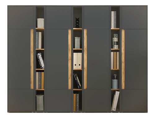 Aktenschrank Set in grau matt und Wotan Eiche 4 x Stauraumschrank und 3X Regal für Homeoffice Büroschrank Hochschrank Ordnerschrank XXL modern 260 x 200 cm Center (Set 6) von Furn.Design