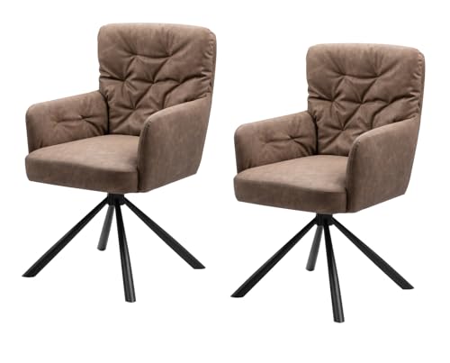 Furn.Design 2er Set Stuhl drehbar in braun Leder Optik, Esszimmerstuhl 180° drehbar, gepolstert mit Armlehnen und Rückenlehne, 2X Küchenstuhl, Milos von Furn.Design