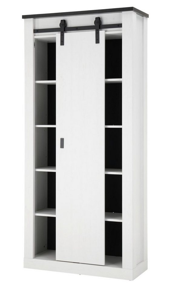 Furn.Design Aktenschrank Stove (Mehrzweckschrank in Pinie weiß Landhaus, 93 x 201 cm, 10 Fächer) mit Scheunentorbeschlag von Furn.Design