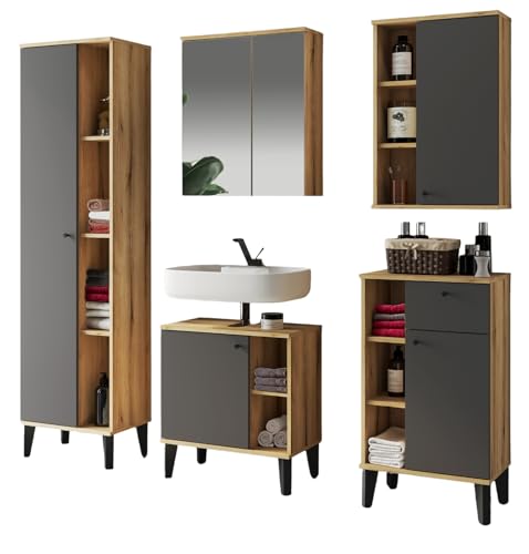 Furn.Design Badmöbel Set 5-teilig in grau und Evoke Eiche Badkombination mit Spiegelschrank Bad 182 x 190 cm, Torsby von Furn.Design
