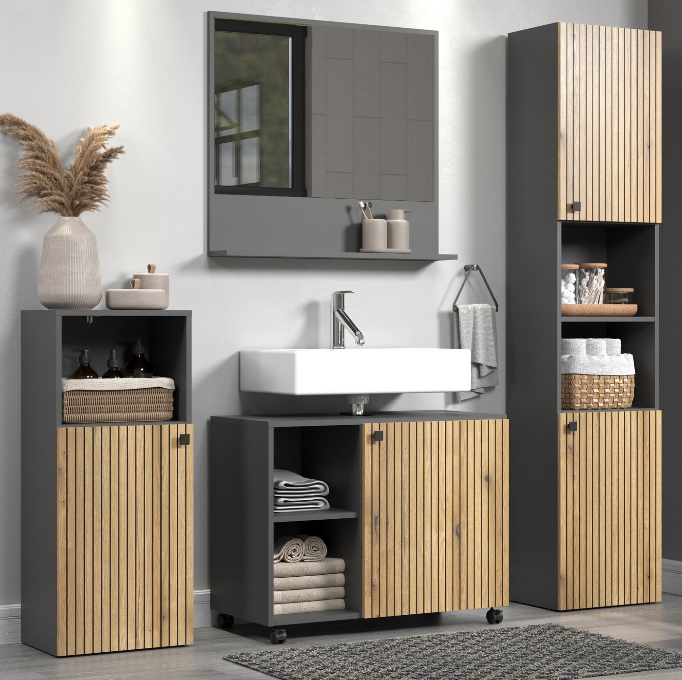 Furn.Design Badmöbel-Set Bliss, (Badezimmer in Evoke Eiche Staboptik und grau, 4-St., verschiedene Stellvarianten), mit viel Stauraum von Furn.Design