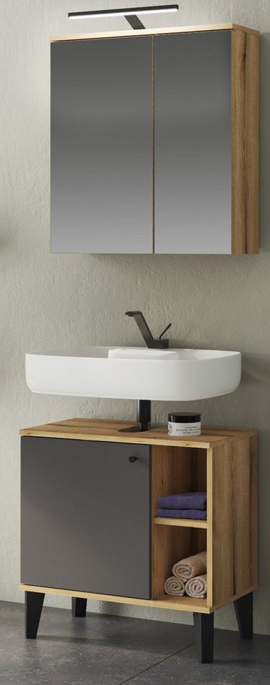 Furn.Design Badmöbel-Set Torsby, (Badezimmer in Evoke Eiche mit grau matt, 60 x190 cm), mit 9 Fächern von Furn.Design