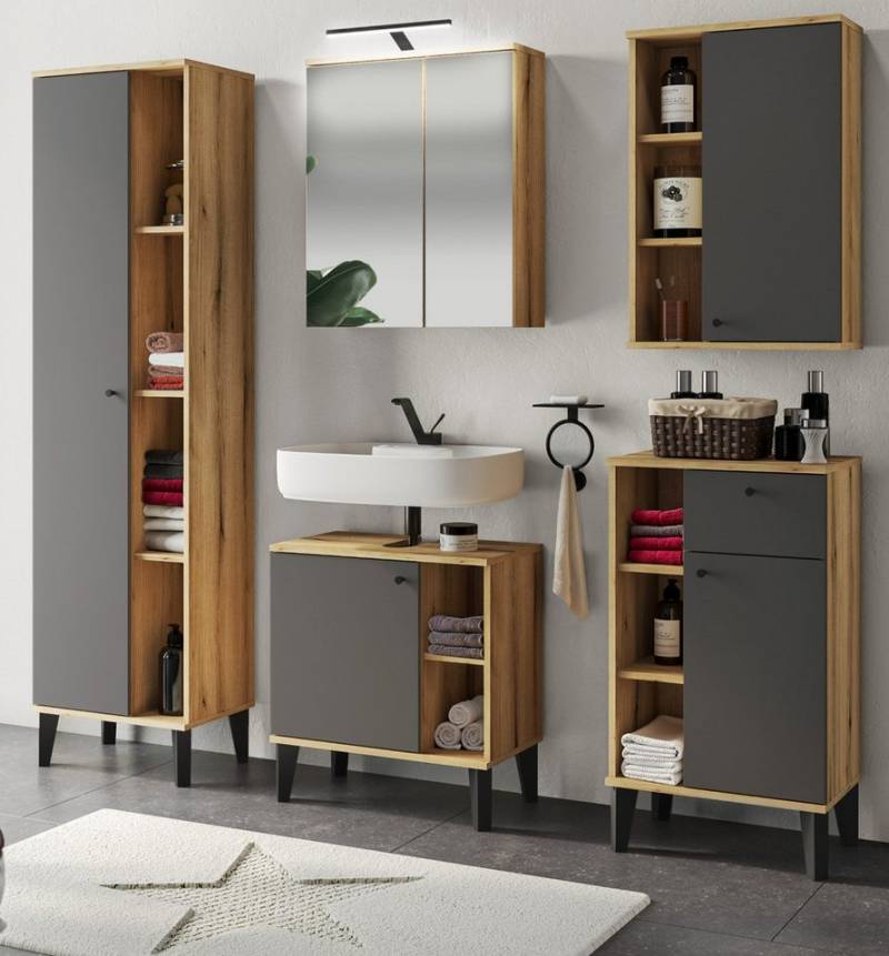 Furn.Design Badmöbel-Set Torsby, (Badezimmer in Evoke Eiche mit matt grau, 5-St., Komplett-Set, 180 x 190 cm), mit extra viel Stauraum von Furn.Design