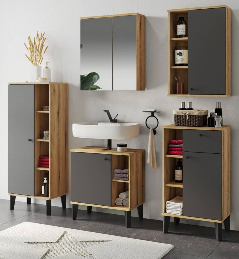 Furn.Design Badmöbel-Set Torsby, (Badezimmer in Evoke Eiche mit matt grau, 5-St., Komplett-Set, 180 x 190 cm), mit extra viel Stauraum von Furn.Design
