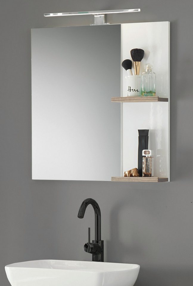 Furn.Design Badspiegel Dense (in weiß Lack Hochglanz und Eiche, mit Ablage 60 x 65 cm), optional mit Beleuchtung von Furn.Design