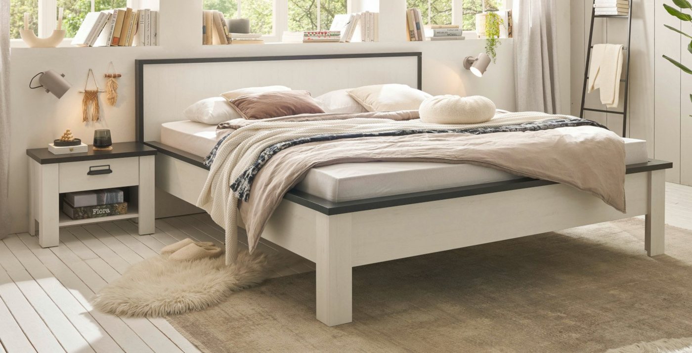 Furn.Design Bettanlage Stove, (Schlafzimmer-Set in Pinie weiß, 3-St., Doppelbett 180 x 200 cm), 2x Nachttisch mit Soft-Close von Furn.Design