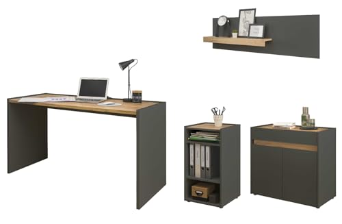 Furn.Design Büromöbel Set in grau matt und Wotan Eiche Holz modern mit Schreibtisch, Kommode und 2 x Regal für Homeoffice und Büro Schreibtisch mit StauraumCenter (Set 1) von Furn.Design