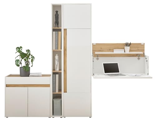 Furn.Design Büromöbel komplett Set in weiß und Eiche Wotan Holz mit Kommode, Sekretär, Standregal und Hochschrank modern für Homeoffice und Büro Büroeinrichtung Kombination Center (Set 3) von Furn.Design