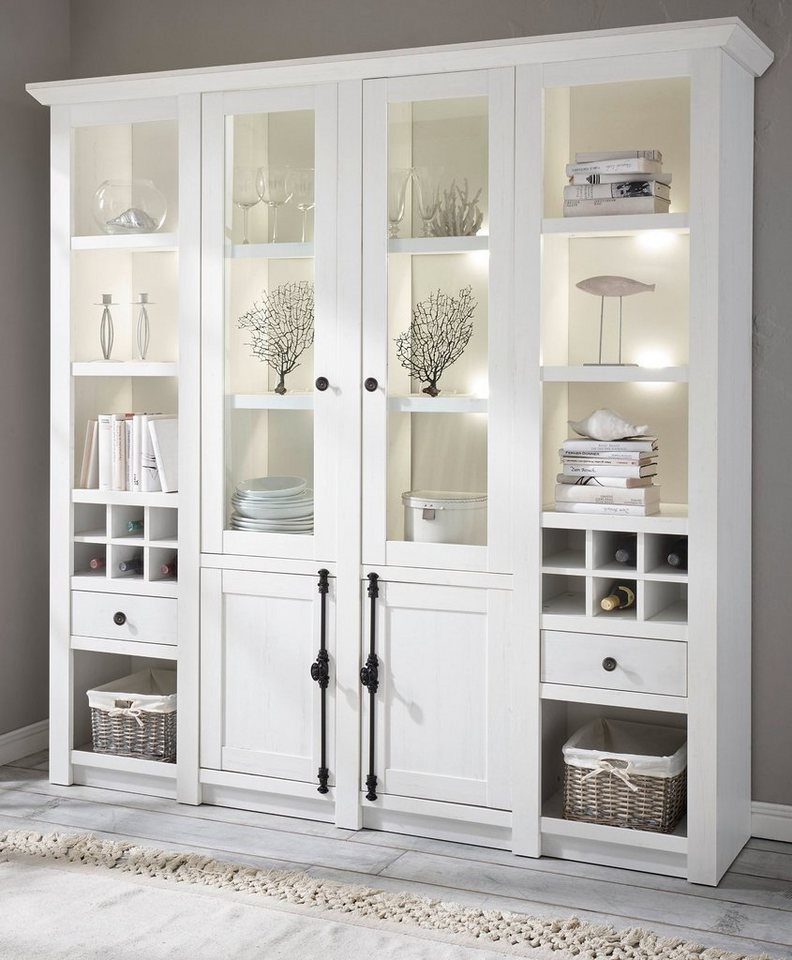 Furn.Design Buffet Hooge (Buffetschrank in weiß Pinie Landhaus, 4-türig, 194 x 207 cm) mit 18 Fächern und Flaschenregal von Furn.Design