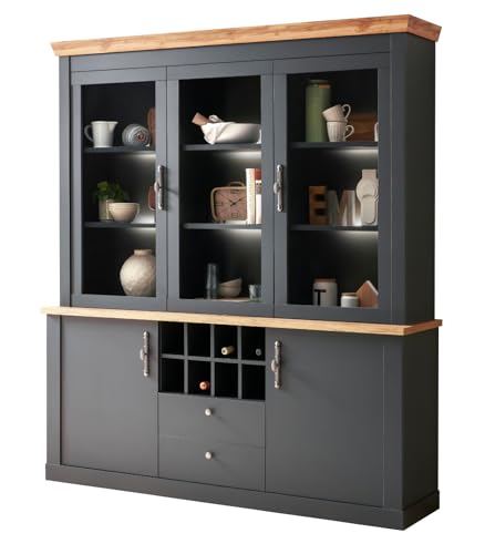 Furn.Design Buffetschrank in grau und Wotan Eiche Landhaus, Vitrinenschrank mit Flaschenregal 184 x 205 cm, Ribera von Furn.Design