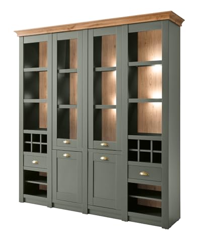 Furn.Design Buffetschrank in grün und Wotan Eiche, großer Landhaus Vitrinenschrank mit Weinregal 194 x 207 cm, Norwich von Furn.Design