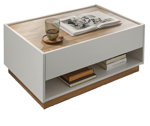 Furn.Design Couchtisch Beistelltisch in weiß und Eiche Wotan Holz Wohnzimmertisch Kaffeetisch mit Schubkasten und Stauraum 90 x 60 cm Center von Furn.Design