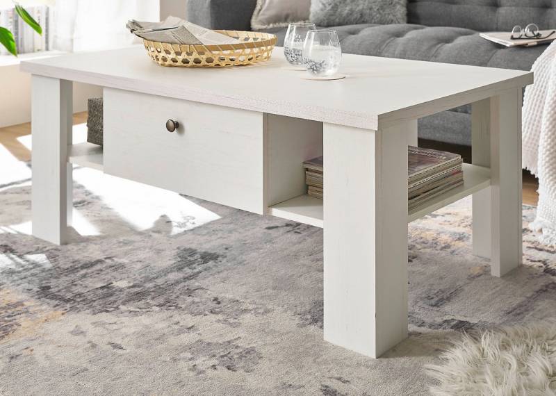 Furn.Design Couchtisch Fiastra (Wohnzimmer Tisch in Pinie weiß Landhaus, 107 x 67 cm, 2 Schubladen), mit Soft-Close-Funktion von Furn.Design