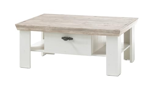 Furn.Design Couchtisch in weiß Pinie und Oslo Pinie Holz im Landhaus Stil Beistelltisch mit Ablage und 2 x Schubkasten Wohnzimmertisch mit Straumraum 109 x 69 cm Rovola (Couchtisch 1) von Furn.Design