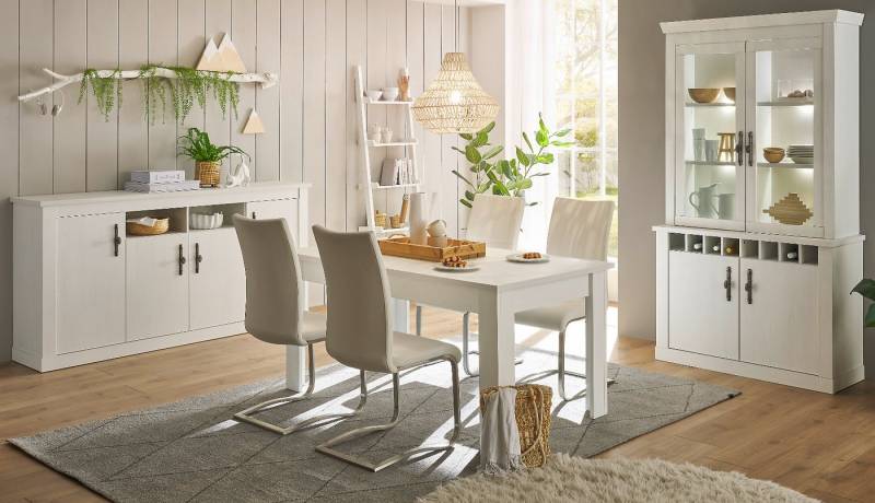 Furn.Design Esszimmer-Set Fiastra, (in Pinie weiß Landhaus, mit Buffetschrank, Anrichte und Esstisch), Metallgriffe, Soft-Close-Funktion von Furn.Design