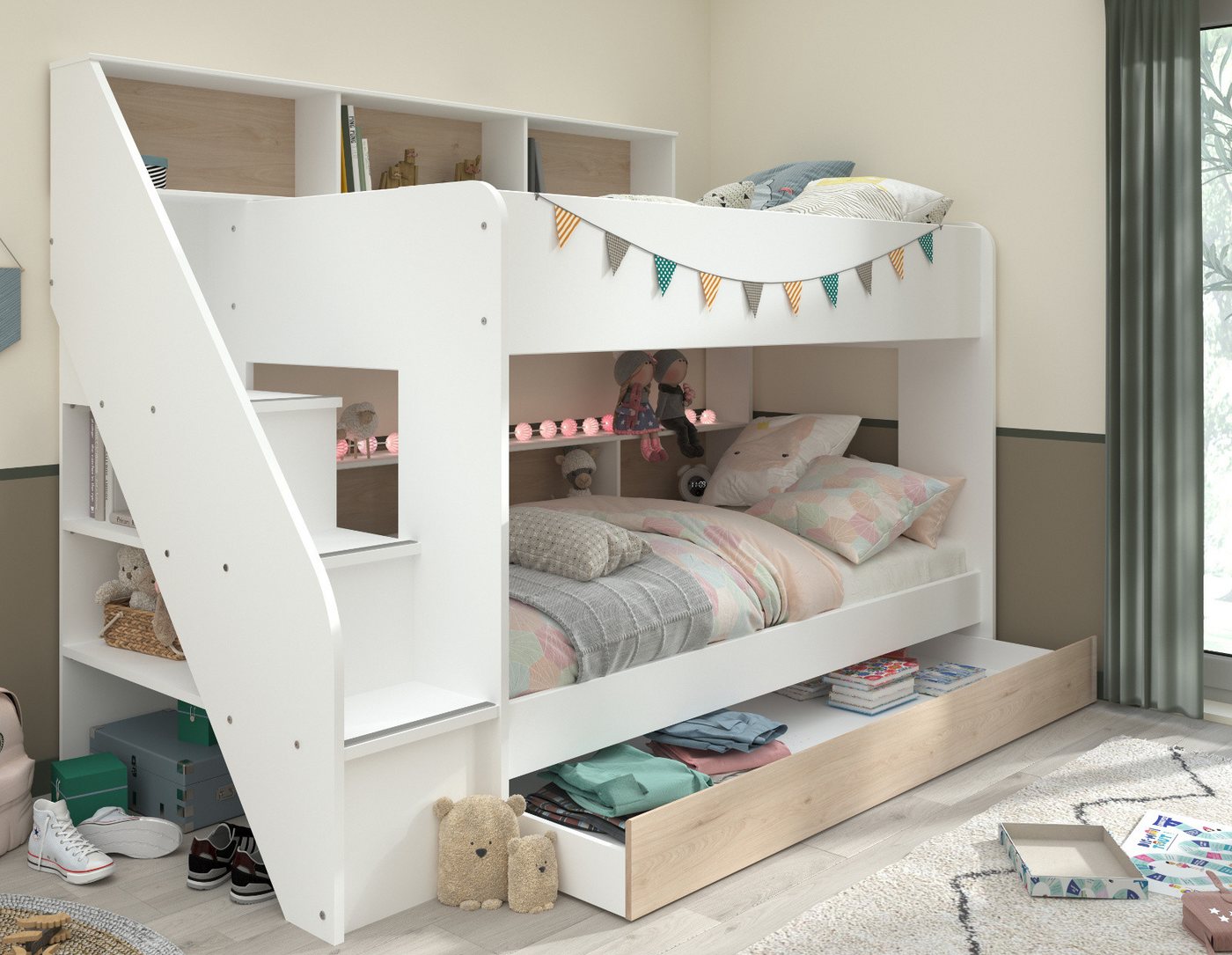 Furn.Design Etagenbett Mybed (Hochbett in weiß mit Eiche, 2x Liegefläche 90 x 200 cm), kein extra Lattenrost erforderlich von Furn.Design