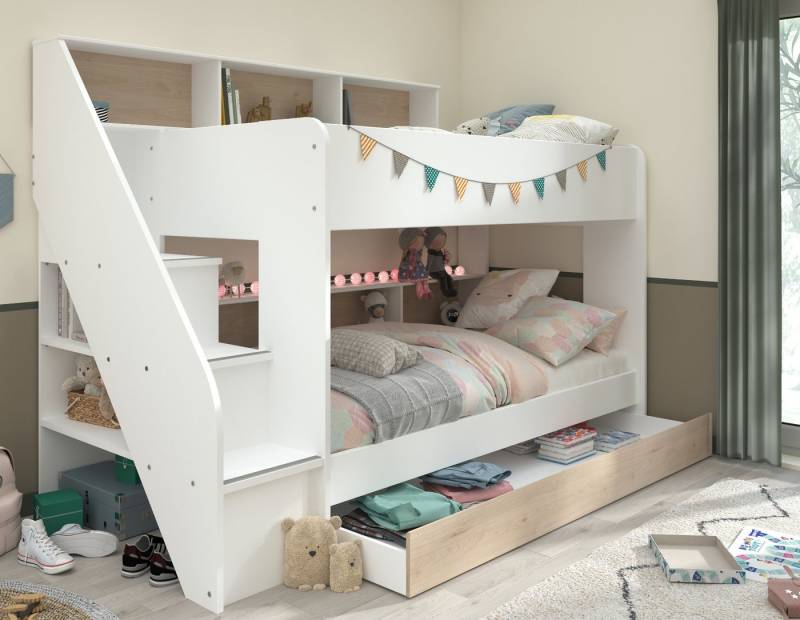 Furn.Design Etagenbett Mybed (Hochbett in weiß mit Eiche, 2x Liegefläche 90 x 200 cm), kein extra Lattenrost erforderlich von Furn.Design