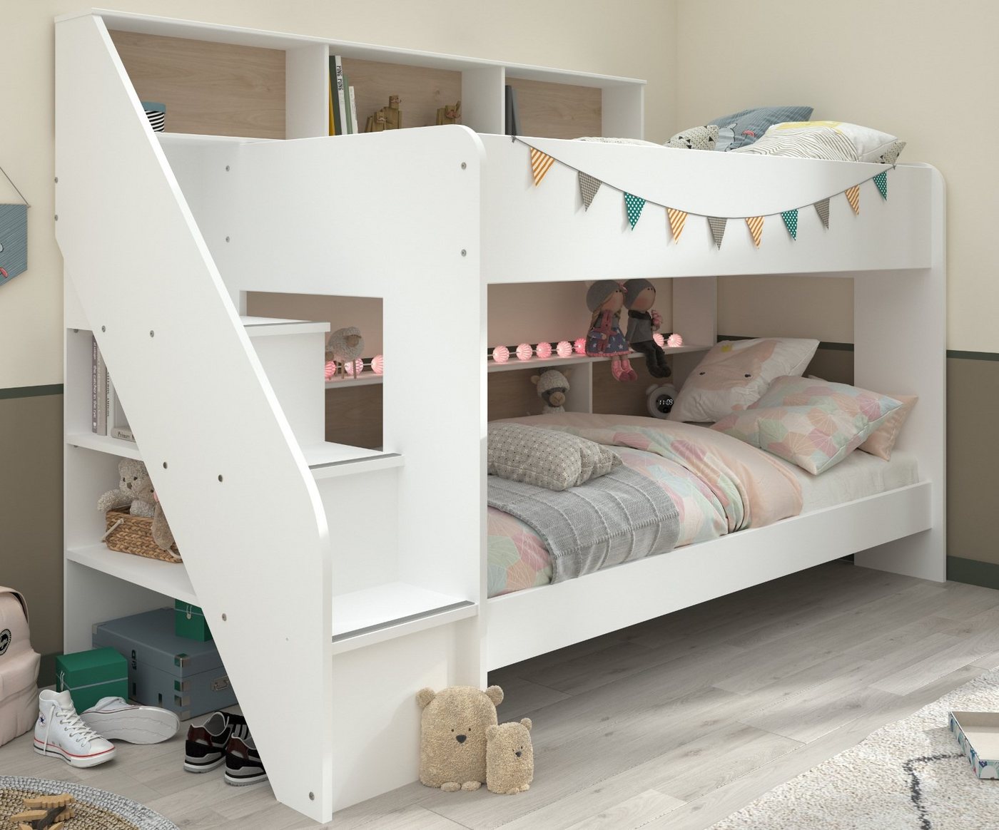 Furn.Design Etagenbett Mybed (Hochbett in weiß mit Eiche, 2x Liegefläche 90 x 200 cm), kein extra Lattenrost erforderlich von Furn.Design