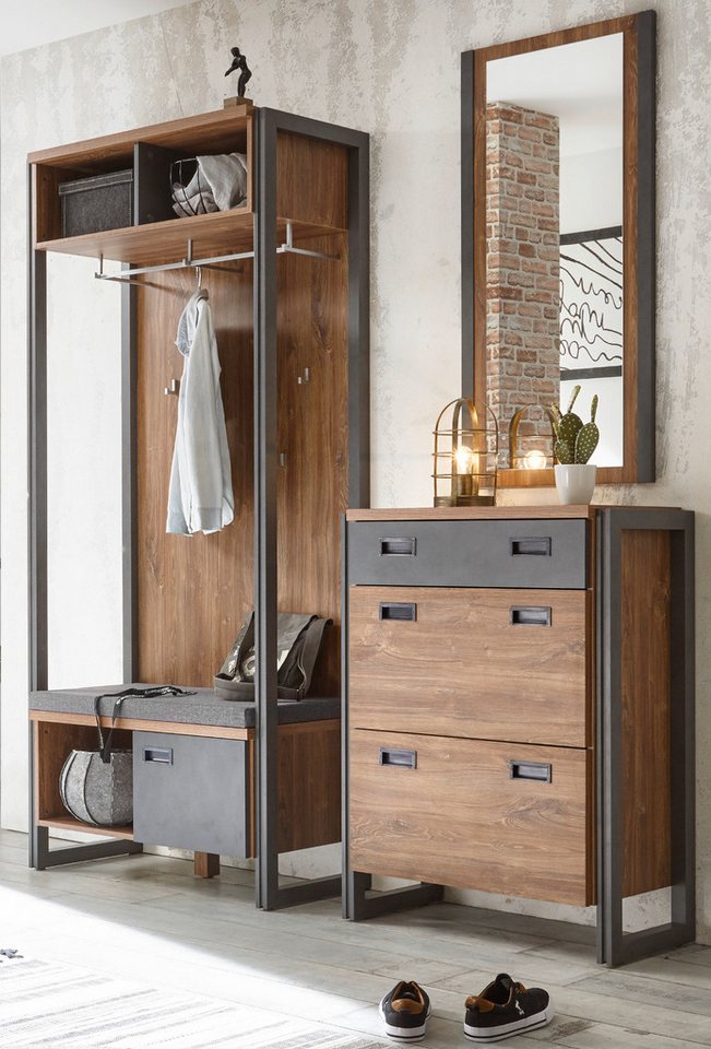 Furn.Design Garderoben-Set Auburn, (Garderobenkombination in Eiche Stirling und grau, 3-St., 175 x 210 cm), Industrial Design von Furn.Design