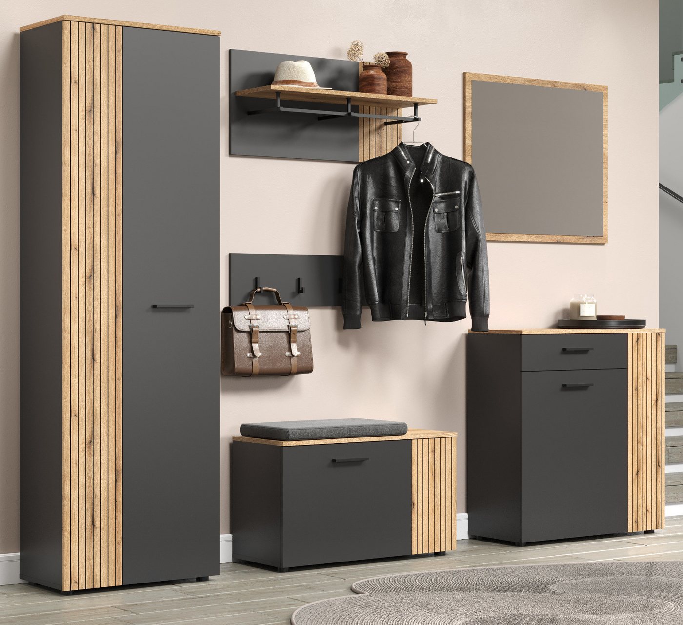 Furn.Design Garderoben-Set Avila, (in grau/Anthrazit mit Evoke Eiche Staboptik, Komplett-Set 6-teilig), variable Inneneinteilung von Furn.Design